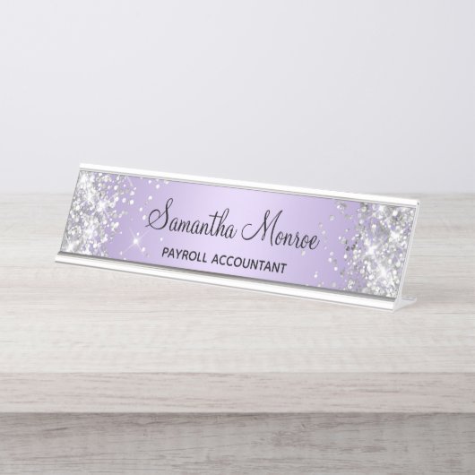 Silver Glitzer Pale Lavender Gradient Schreibtischnamensplakette (Vorderseite )