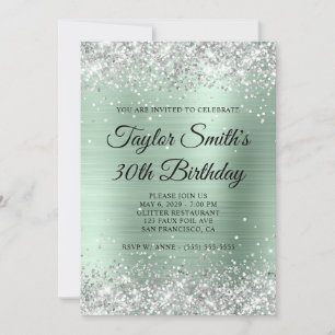 Silver Glitzer Pale Mint Monogram 30. Geburtstag Einladung