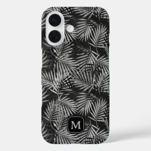 Silver Glitzer Palm Tree Black Modern Monogram iPhone 16 Hülle