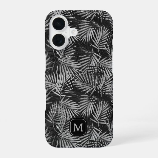Silver Glitzer Palm Tree Black Modern Monogram iPhone 16 Hülle (Rückseite)