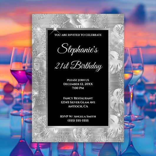 Silver Glitzer Palm und Monstera Blätter Geburtsta Einladung