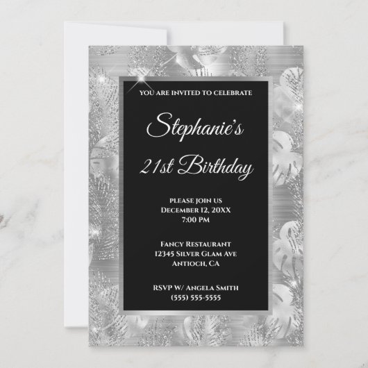 Silver Glitzer Palm und Monstera Blätter Geburtsta Einladung (Vorderseite)