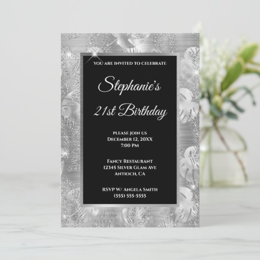 Silver Glitzer Palm und Monstera Blätter Geburtsta Einladung (Stehend Vorderseite)