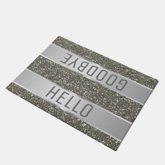 Silver Glitzer Pattern Hallo Auf Wiedersehen Fußmatte (Schrägansicht)