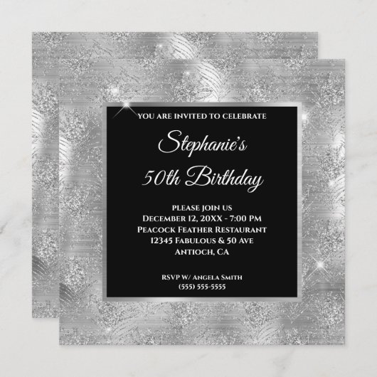 Silver Glitzer Peacock Feather Glam Birthday Einladung (Vorne/Hinten)