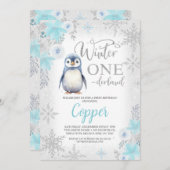 Silver Glitzer Penguin Winter Onederland Geburtsta Einladung (Vorne/Hinten)
