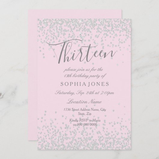 Silver Glitzer Pink 13. Geburtstag Einladung (Vorne/Hinten)