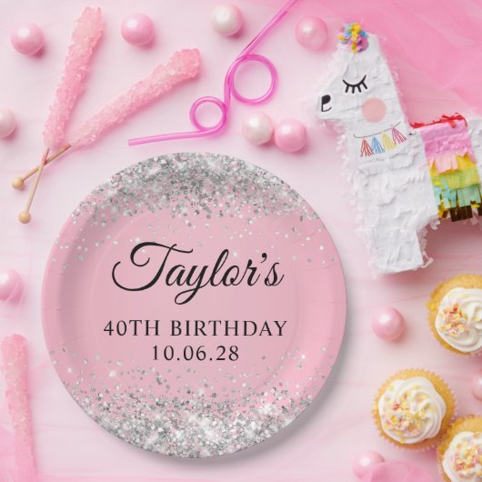Silver Glitzer Pink 40. Geburtstag Pappteller (Party)