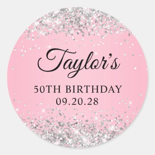 Silver Glitzer Pink 50. Geburtstag Runder Aufkleber (Vorderseite)