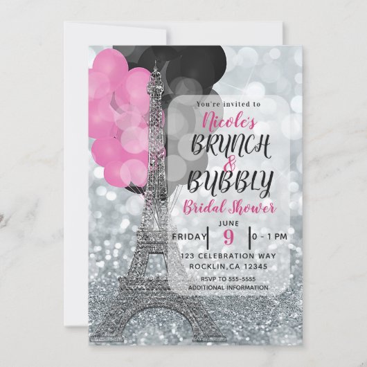 Silver Glitzer Pink Black Balloons Eiffelturm Einladung (Vorderseite)