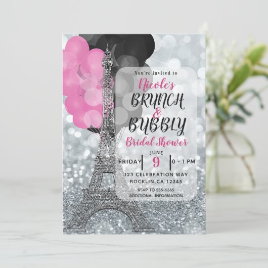 Silver Glitzer Pink Black Balloons Eiffelturm Einladung (Stehend Vorderseite)
