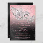 Silver Glitzer Pink Black Masquerade Geburtstag Einladung (Vorne/Hinten)