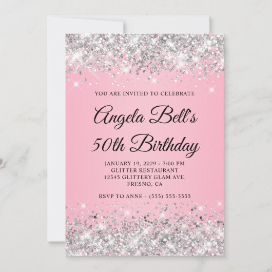 Silver Glitzer Pink Extravagant Monogram 50. Gebur Einladung (Vorderseite)