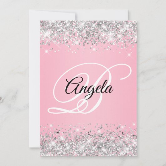 Silver Glitzer Pink Extravagant Monogram 50. Gebur Einladung (Rückseite)