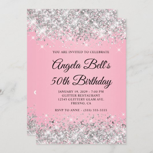 Silver Glitzer Pink Extravagant Monogram 50. Gebur Einladung (Vorne/Hinten)