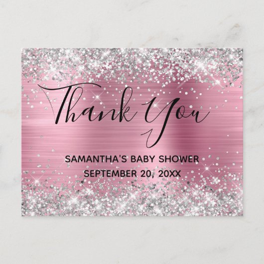 Silver Glitzer Pink Foil Babydusche Danke Postkarte (Vorderseite)