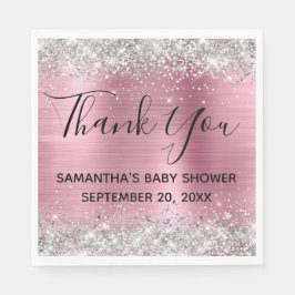 Silver Glitzer Pink Foil Babydusche Danke Serviette