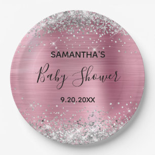 Silver Glitzer Pink Foil Babydusche Pappteller