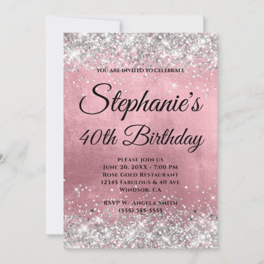 Silver Glitzer Pink Foil Extravagant Monogramm Einladung (Vorderseite)