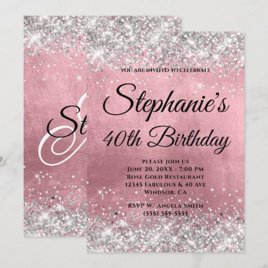 Silver Glitzer Pink Foil Extravagant Monogramm Einladung (Vorne/Hinten)