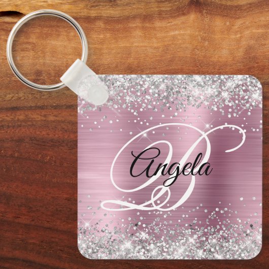 Silver Glitzer Pink Foil Extravagant Monogramm Schlüsselanhänger (Vorderseite)
