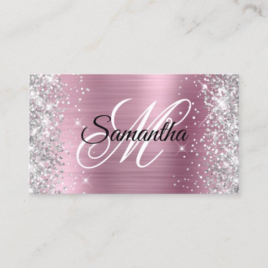Silver Glitzer Pink Foil Extravagant Monogramm Visitenkarte (Vorderseite)