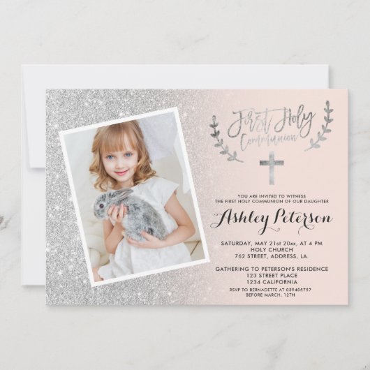 Silver Glitzer Pink ombre erste Kommunion Foto Einladung (Vorderseite)