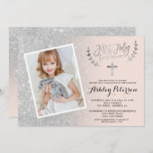 Silver Glitzer Pink ombre erste Kommunion Foto Einladung (Vorne/Hinten)