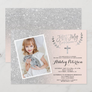 Silver Glitzer Pink ombre erste Kommunion Foto Einladung