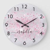 Silver Glitzer Pink Staub Metal Namensschrift Große Wanduhr (Vorderseite)