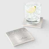 Silver Glitzer Pinsel Girl Monogram Name Steinuntersetzer (Seitenansicht)