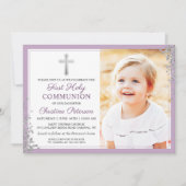 Silver Glitzer Plum Lila First CommunityFoto Einladung (Vorderseite)
