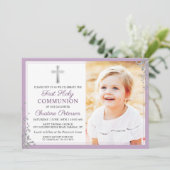 Silver Glitzer Plum Lila First CommunityFoto Einladung (Stehend Vorderseite)