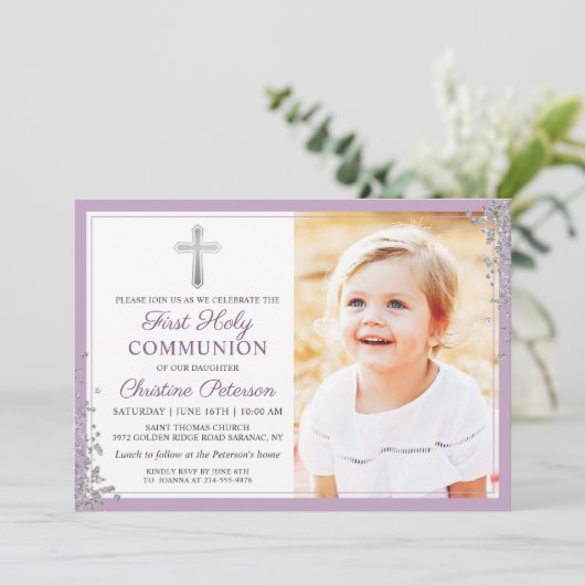 Silver Glitzer Plum Lila First CommunityFoto Einladung (Stehend Vorderseite)