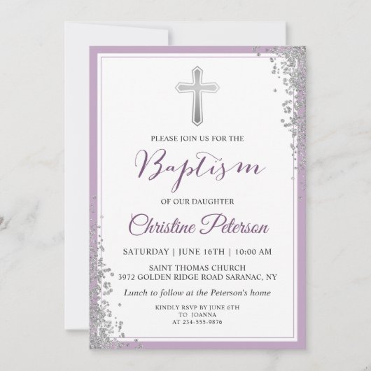 Silver Glitzer Plum Lila Girl Taufe Einladung (Vorderseite)