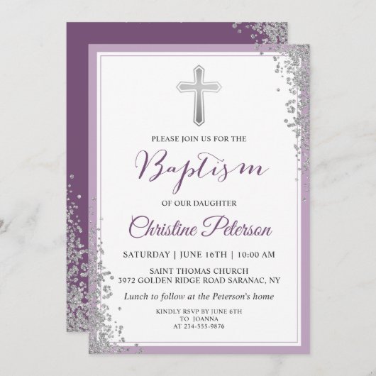Silver Glitzer Plum Lila Girl Taufe Einladung (Vorne/Hinten)