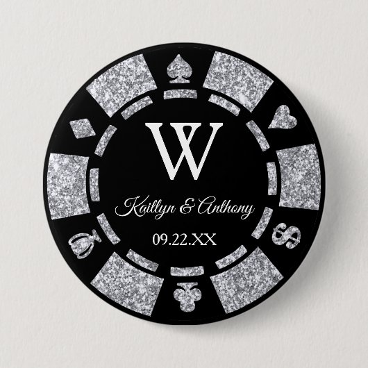 Silver Glitzer Poker Chip Casino Gastgeschenk Hoch Button (Vorderseite)