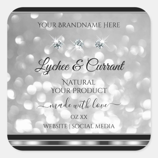 Silver Glitzer Product Labels Sparkling Diamonds Quadratischer Aufkleber (Vorderseite)