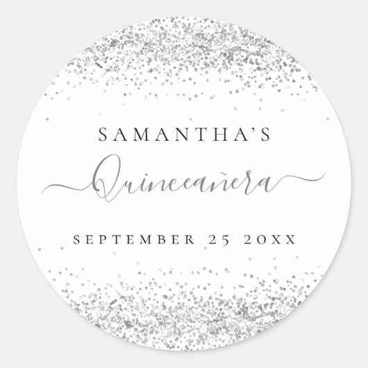 Silver Glitzer Quinceañera Name Datum Runder Aufkleber (Vorderseite)
