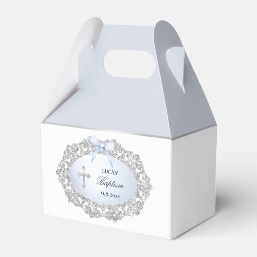 Silver Glitzer Rahmen Blue Bow Taufe Kleines Gabel Geschenkschachtel (Vorderseite)