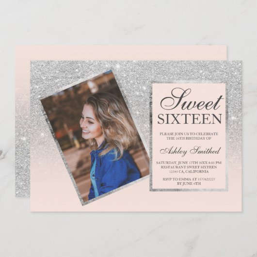 Silver Glitzer Rahmen rot ombre Foto Sweet 16 Einladung (Vorne/Hinten)