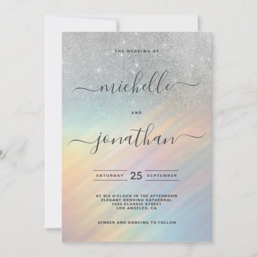Silver Glitzer Rainbow Holographic Wedding Einladung (Vorderseite)