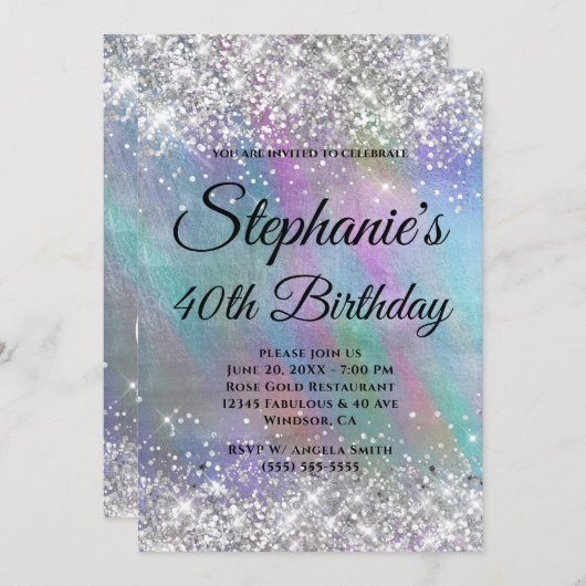 Silver Glitzer Rainbow Iridescent Foil Monogramm Einladung (Vorne/Hinten)
