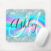 Silver Glitzer Rainbow Wave Aqua Ombre Monogram Mousepad (Mit Mouse)