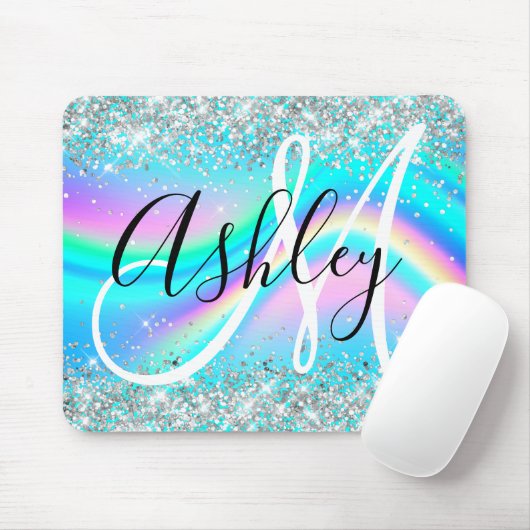 Silver Glitzer Rainbow Wave Aqua Ombre Monogram Mousepad (Mit Mouse)