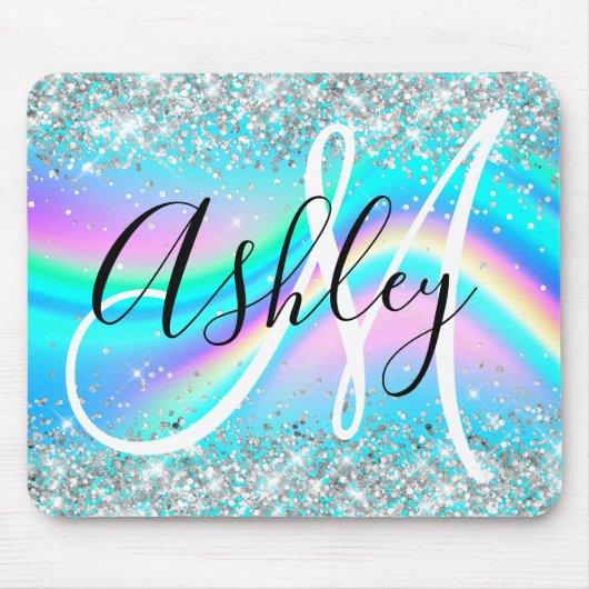 Silver Glitzer Rainbow Wave Aqua Ombre Monogram Mousepad (Vorne)