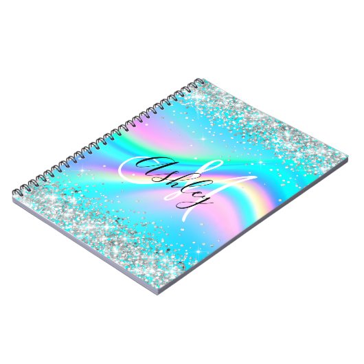 Silver Glitzer Rainbow Wave Aqua Ombre Monogram Notizblock (Linke Seite)