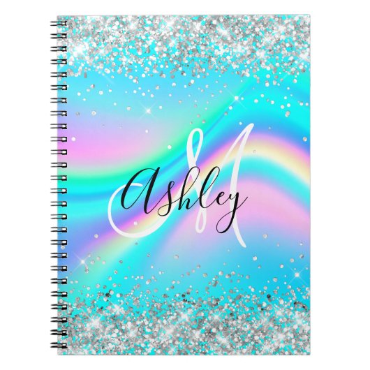 Silver Glitzer Rainbow Wave Aqua Ombre Monogram Notizblock (Vorderseite)
