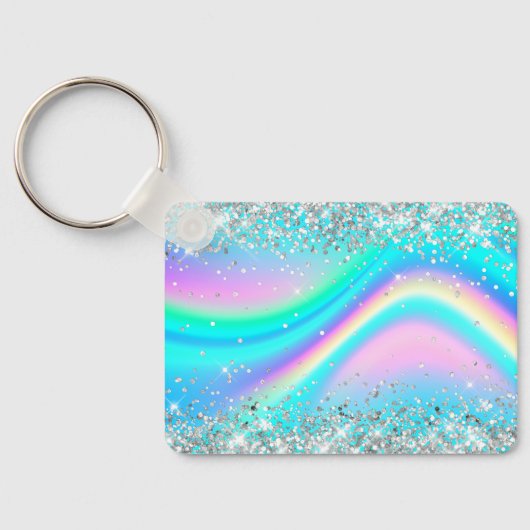 Silver Glitzer Rainbow Wave Aqua Ombre Monogram Schlüsselanhänger (Rückseite)