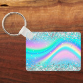 Silver Glitzer Rainbow Wave Aqua Ombre Monogram Schlüsselanhänger (Rückseite)
